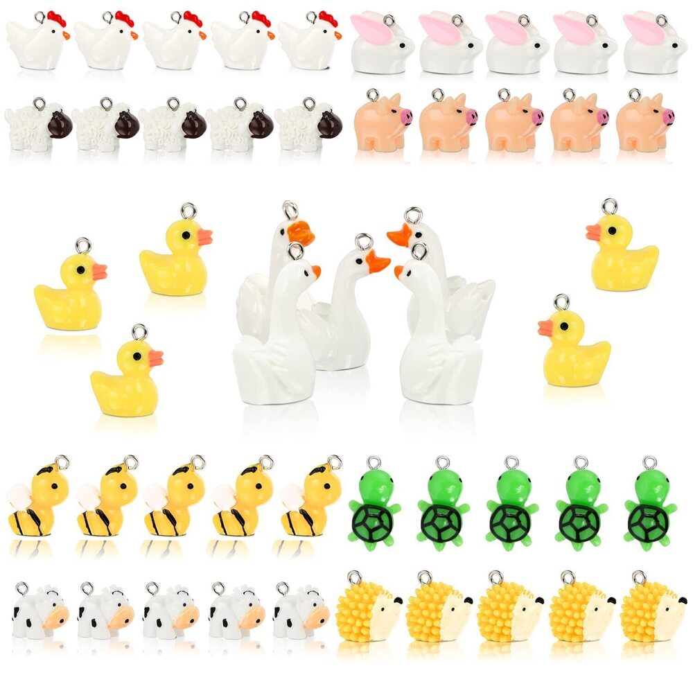 1725 50 Pcs Resin Animal Charms Pendant Cute Goose Duck Cow Bee Chicken